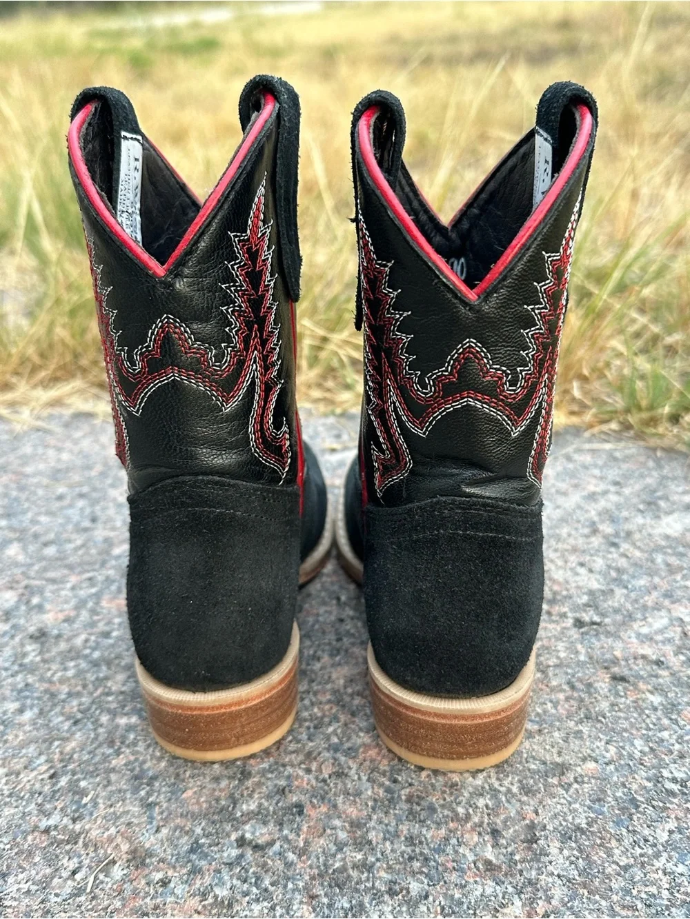 Kids Black Suede Western Boots with Red Trim